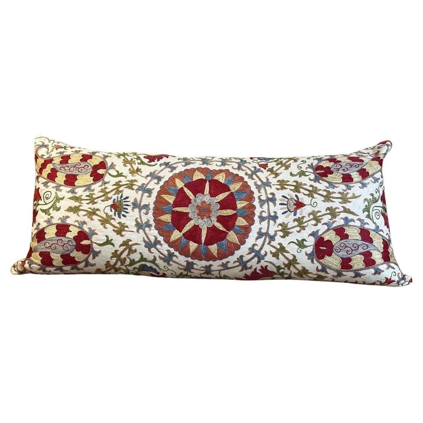 Vintage Linen Hand Embroidered Suzani Pillow For Sale
