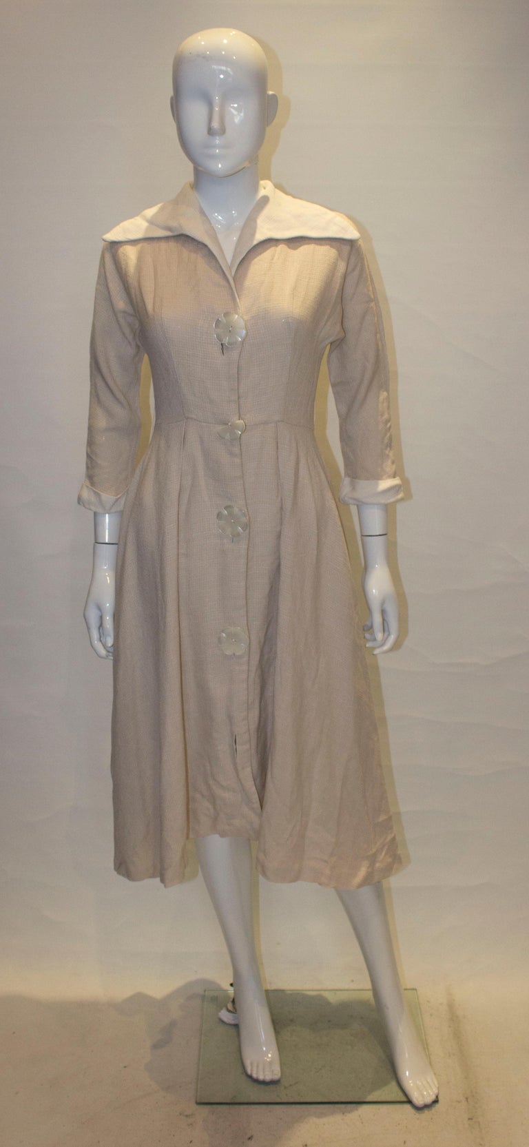 Vintage Linen Mix Dress with Interesting Collar For Sale at 1stDibs