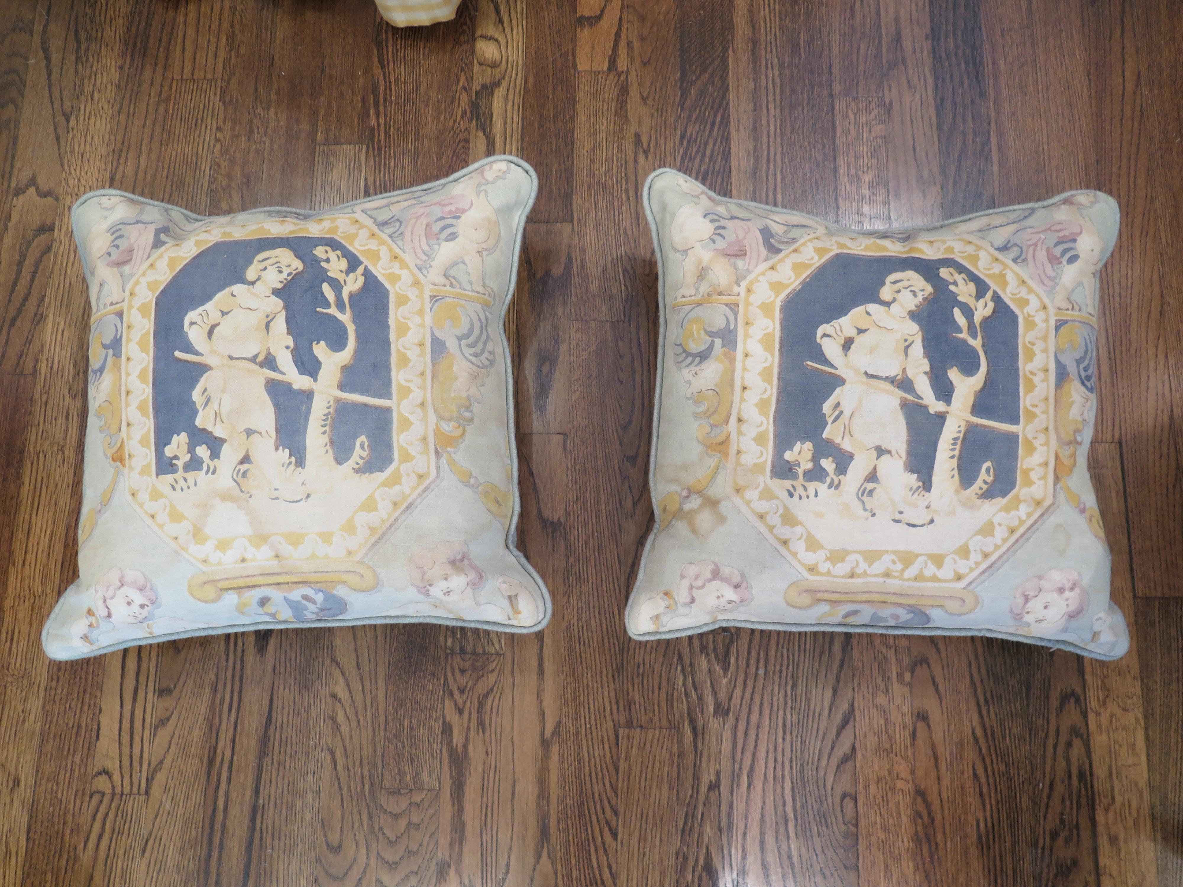 Pair of pillows made from vintage linen panels from the 1920s. Pillows have zippers. Down filled.