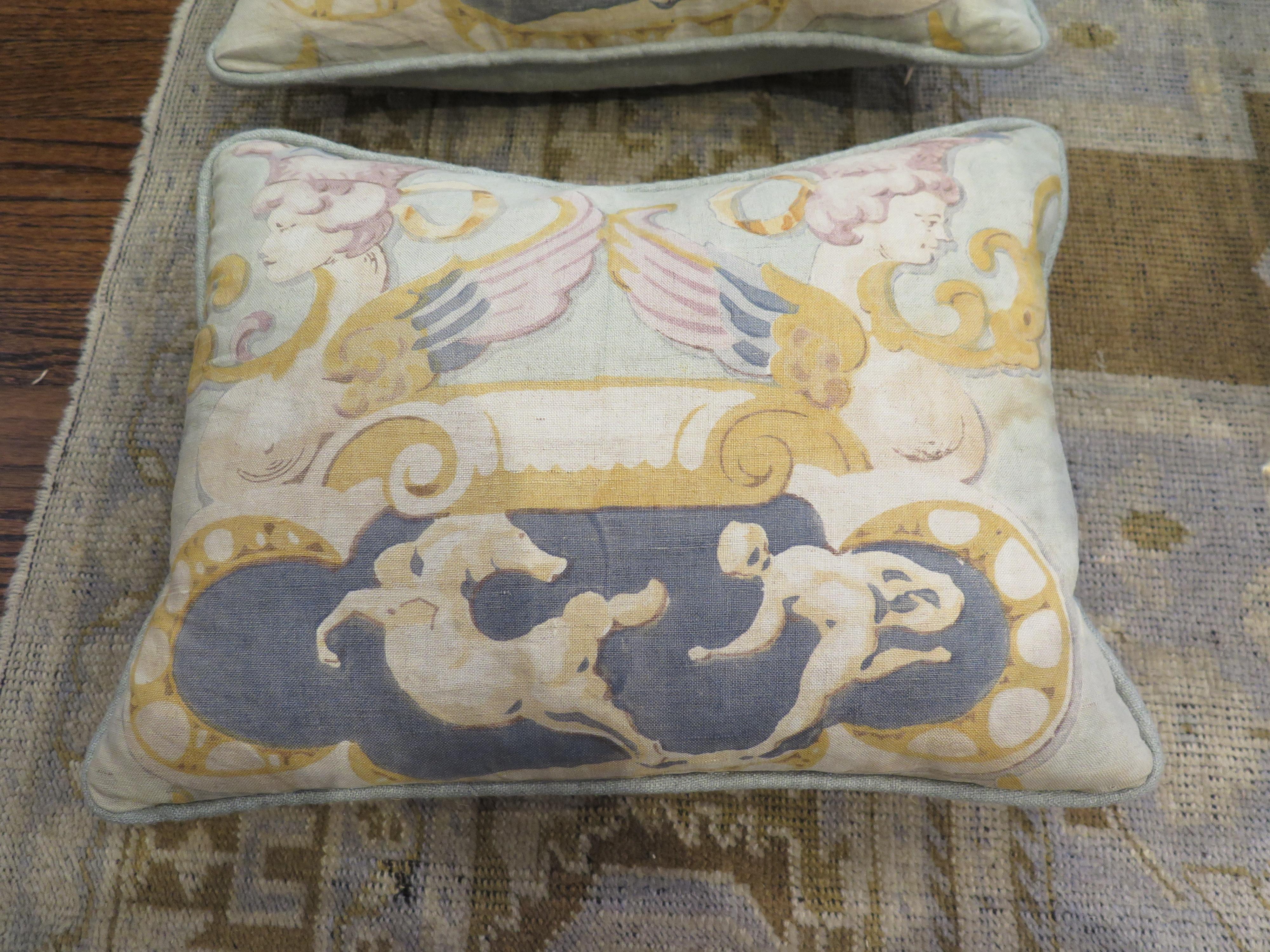 Pair of pillows made out of vintage linen panels from the 1920s. Pillows have zipper. Down filled.