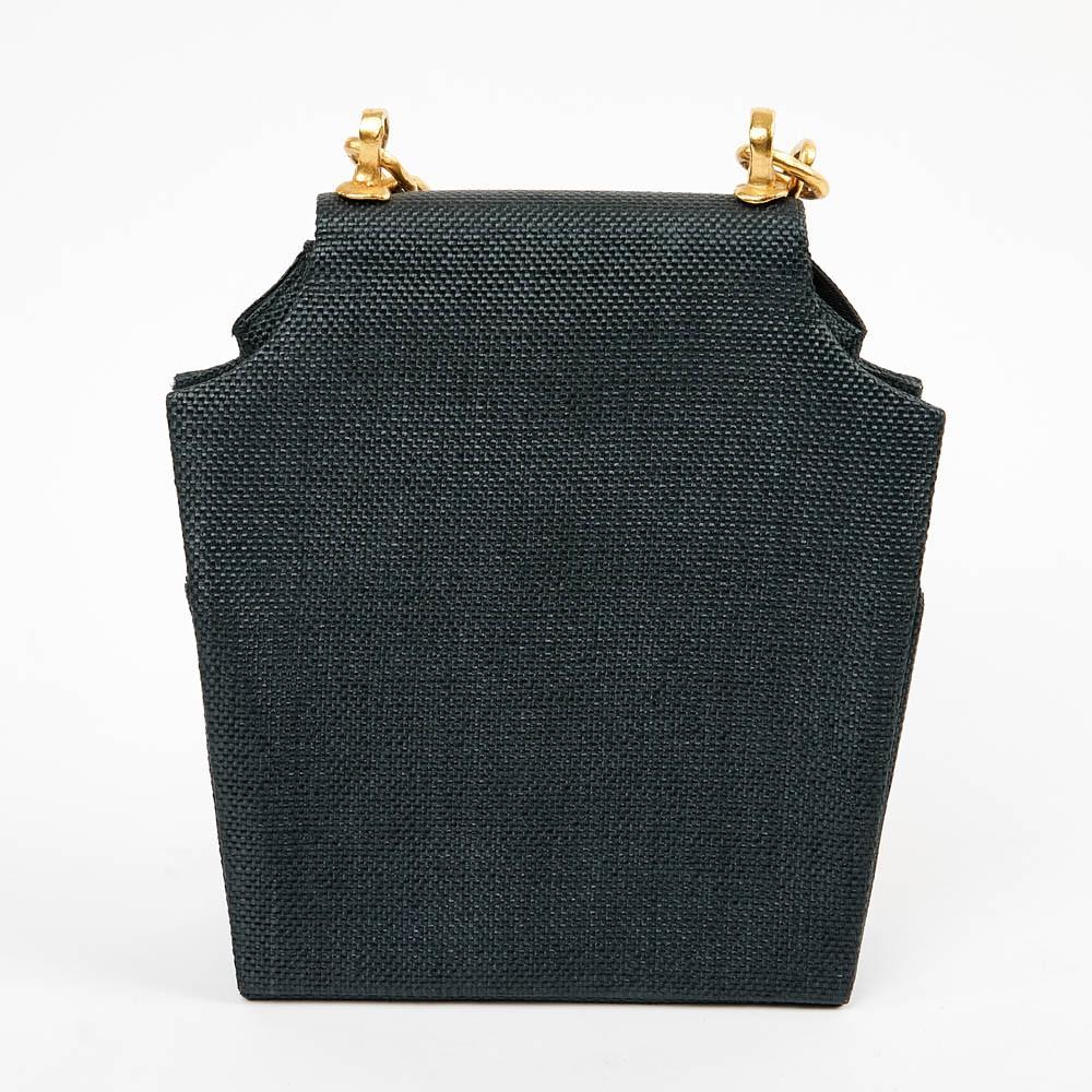 Black Vintage Linen Wicker Bag by Christian Lacroix Gold Tone