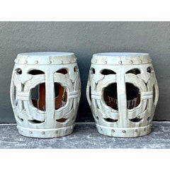 Vintage Linked Rings Glazed Ceramic Garden Stools - A Pair