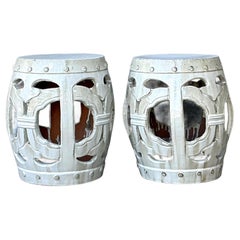 Vintage Linked Rings Glazed Ceramic Garden Stools - A Pair