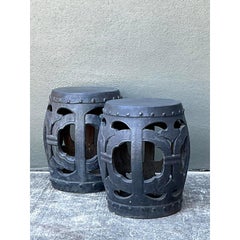 Vintage Linked Rings Matte Glazed Ceramic Garden Stools - A Pair