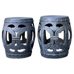 Vintage Linked Rings Matte Glazed Ceramic Garden Stools - A Pair