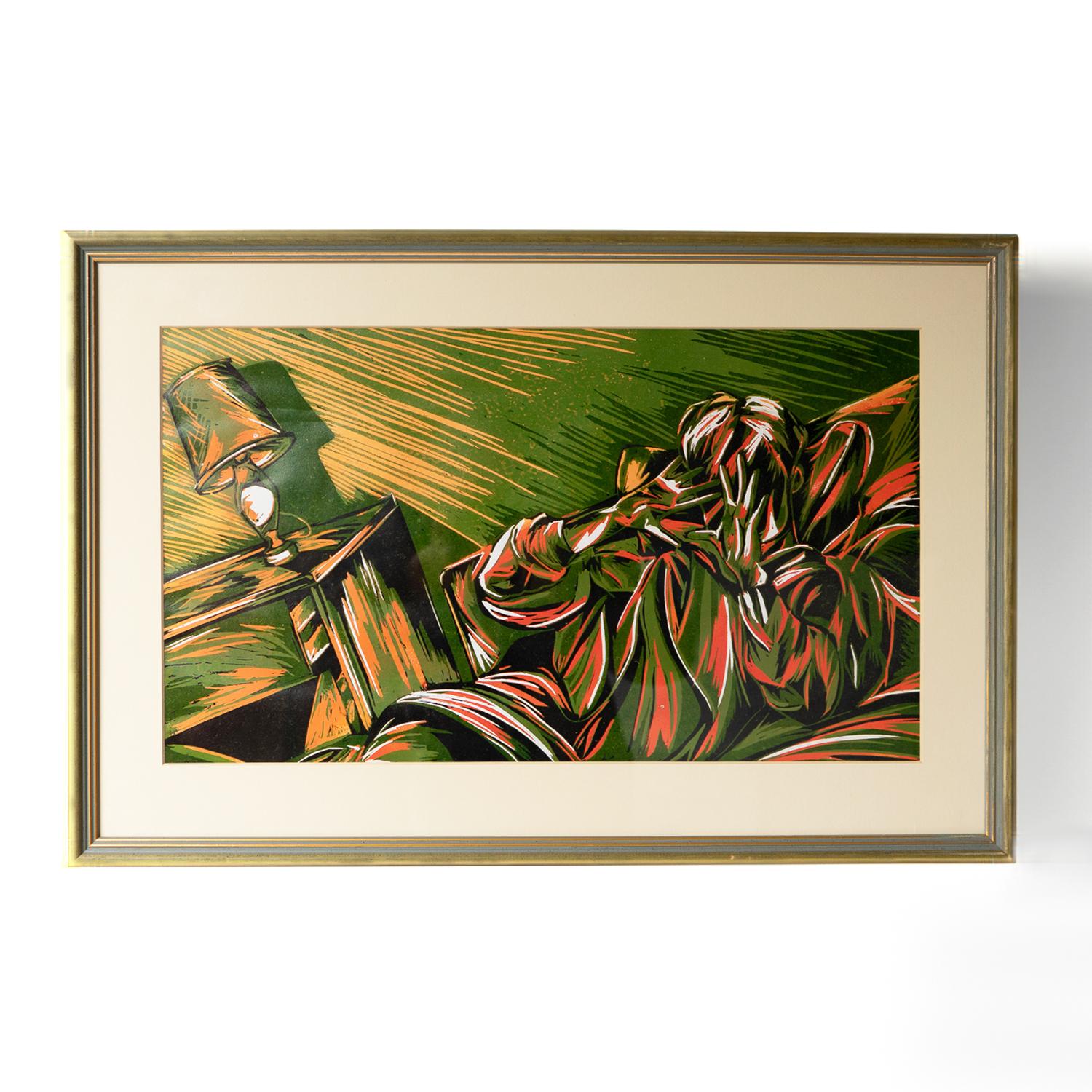 VINTAGE FRAMED PRINT
Depicting a man seated on the sofa with his hands covering his face.

The artist has skilfully captured the mood in the room with the tilted perspective and deep colour palette adding to the tension and leaving the viewer