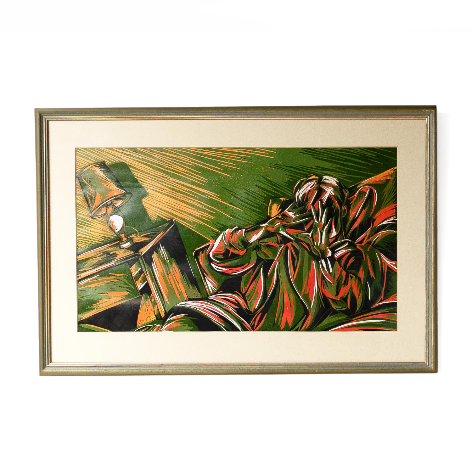Wood Vintage Linocut Print Depicting A Dramatic Interior Scene, Late 20th Century For Sale