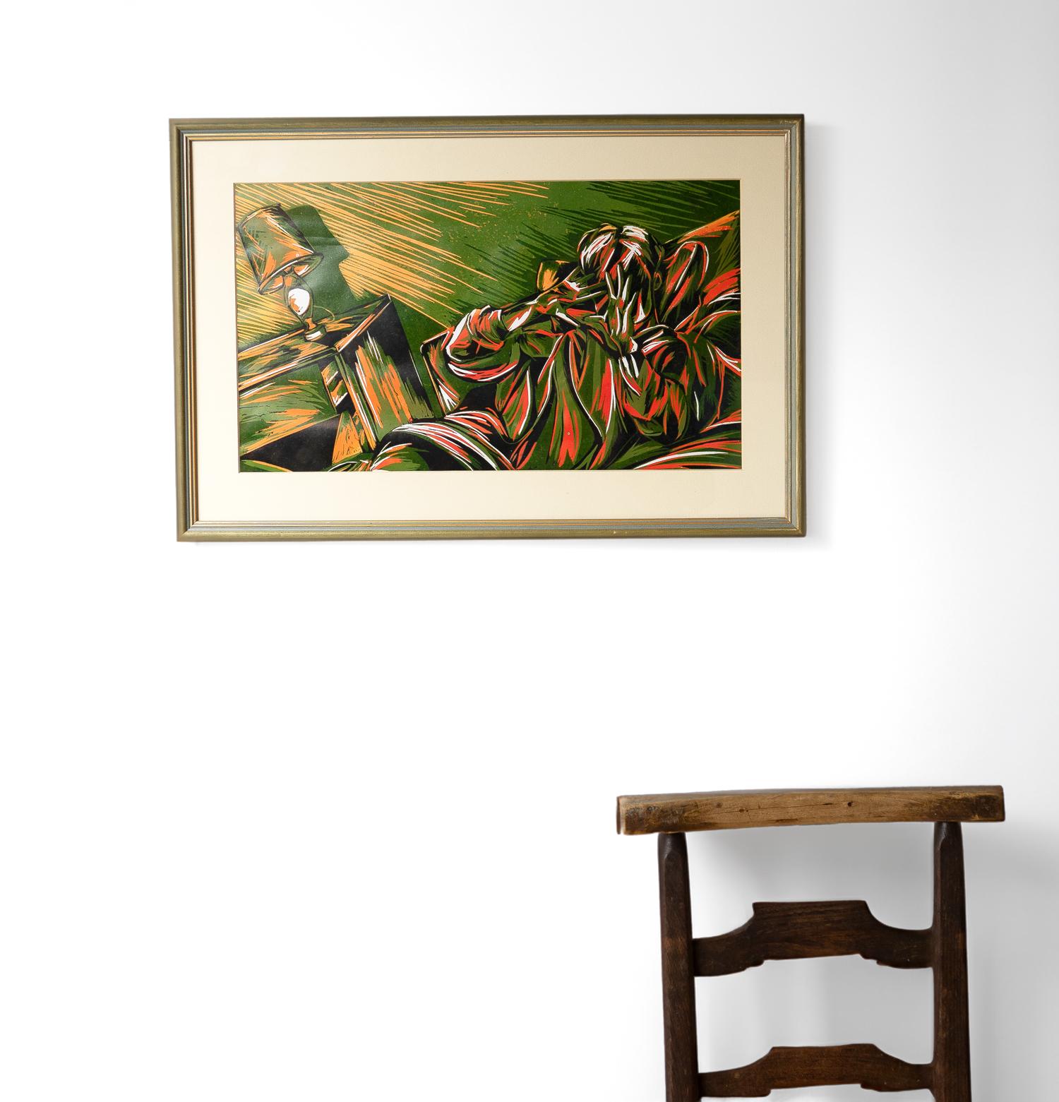 Vintage Linocut Print Depicting A Dramatic Interior Scene, Late 20th Century For Sale 1