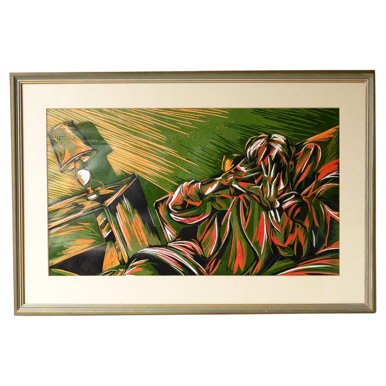 Vintage Linocut Print Depicting A Dramatic Interior Scene, Late 20th Century For Sale