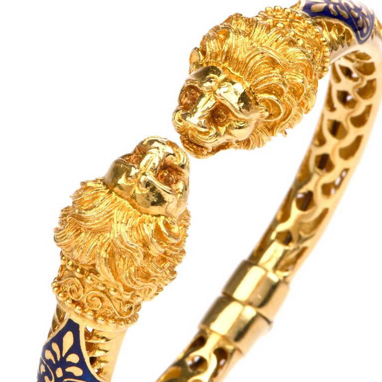 Vintage Lion Head Enamel Gold Cuff Bangle Bracelet at 1stDibs