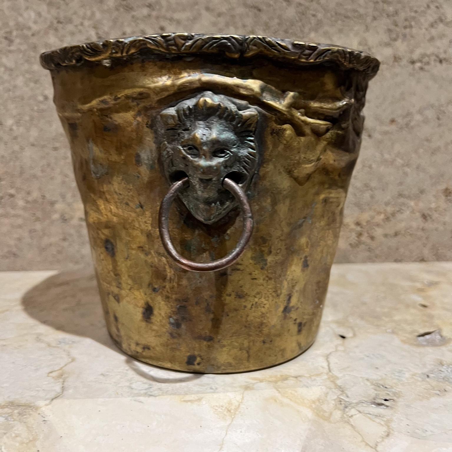Vaso fioriera d'epoca in ottone patinato con testa di leone Jardiniere In condizioni buone in vendita a Chula Vista, CA