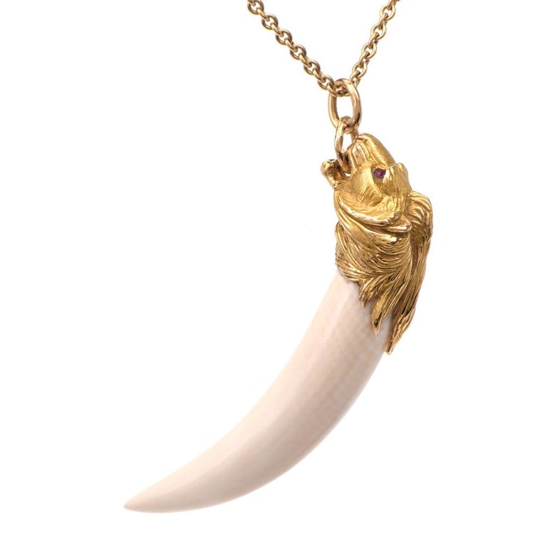 Vintage Lion Head Tooth Bone 18 Karat Gold Pendant at 1stDibs | real lion  tooth necklace, lion tooth pendant, lion teeth locket