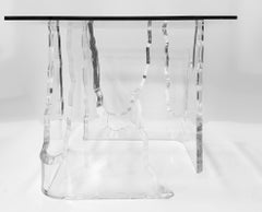 Vintage Lion in Frost Attributed Thick Lucite Side Tables, Pair, Beveled Glass