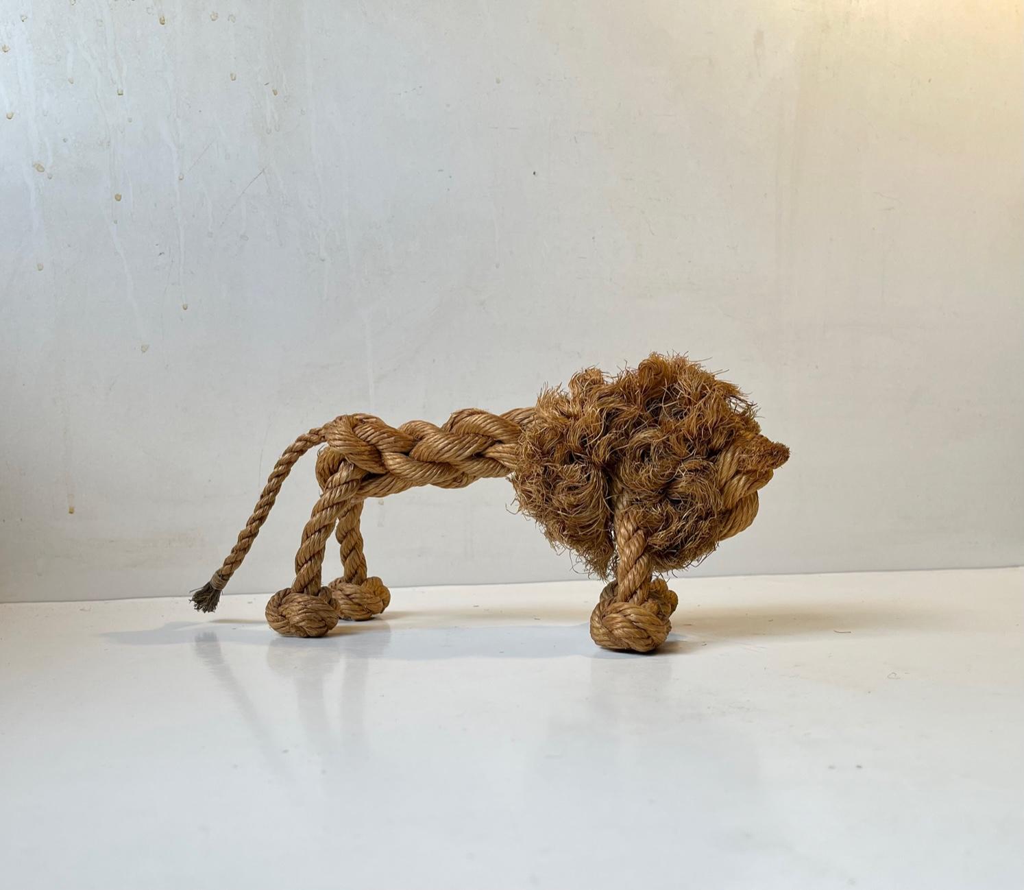 A rare example of the Danish toy-design-master Kay Bojesen work. This lion in braided natural rope was designed I collaboration between Jorgen Bloch and Kay Bojesen in latter part of the 1950s and it was discontinued in the catalogue after a few