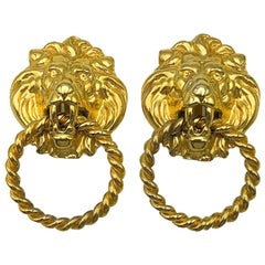 Vintage Lion Gold Door Knocker Earrings 1980s