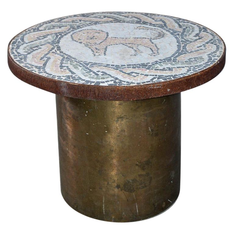 Vintage Lion Mosaic and Brass Drum Coffee Table
