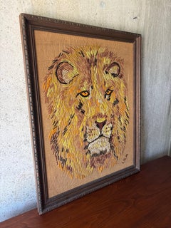 Vintage Lion Needlepoint Wall Art in Carved Wood Frame, 1960s