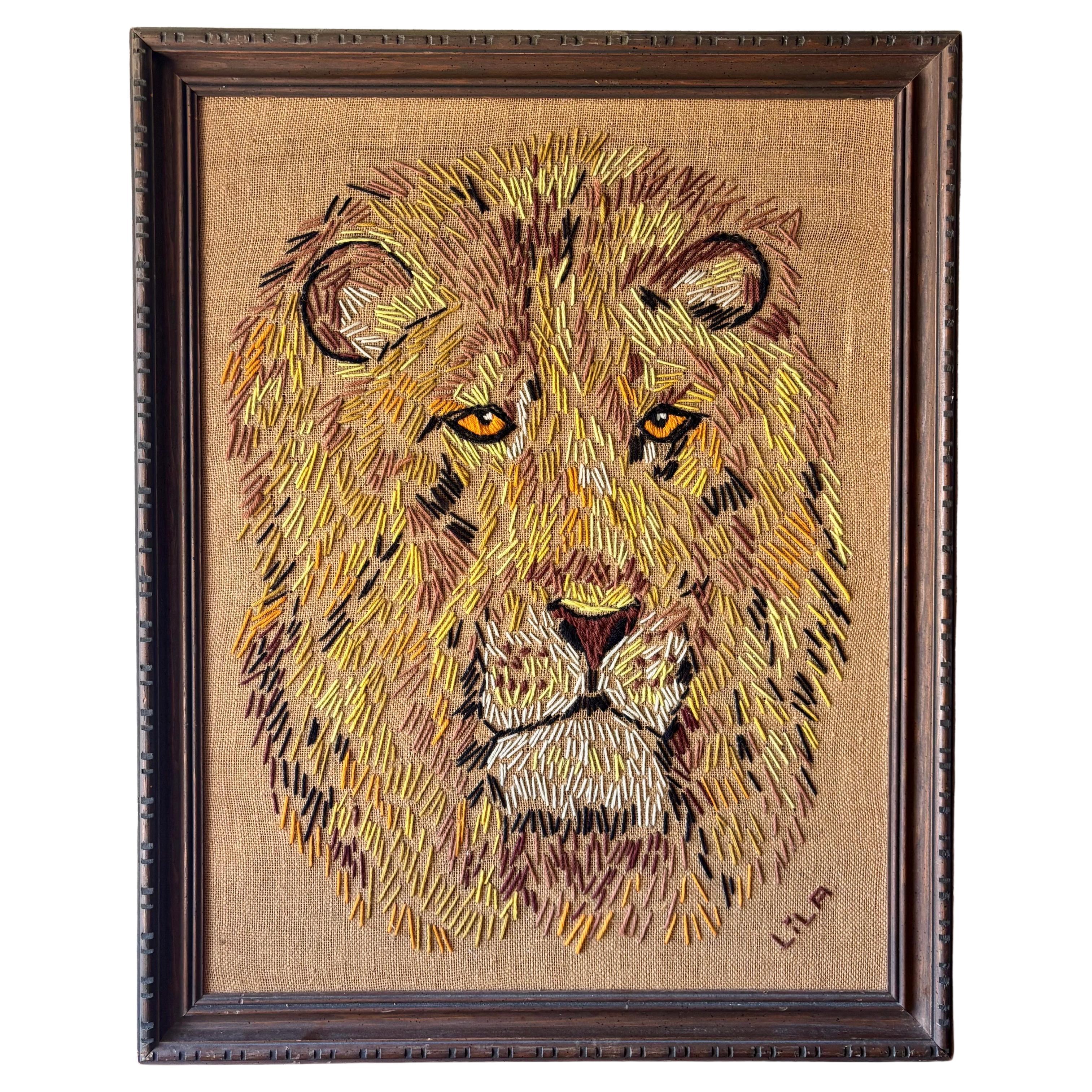 Vintage Lion Needlepoint Wall Art in Carved Wood Frame, 1960s