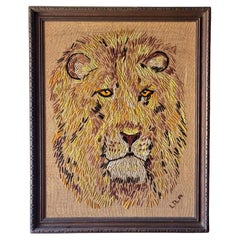 Vintage Lion Needlepoint Wall Art in Carved Wood Frame, 1960s