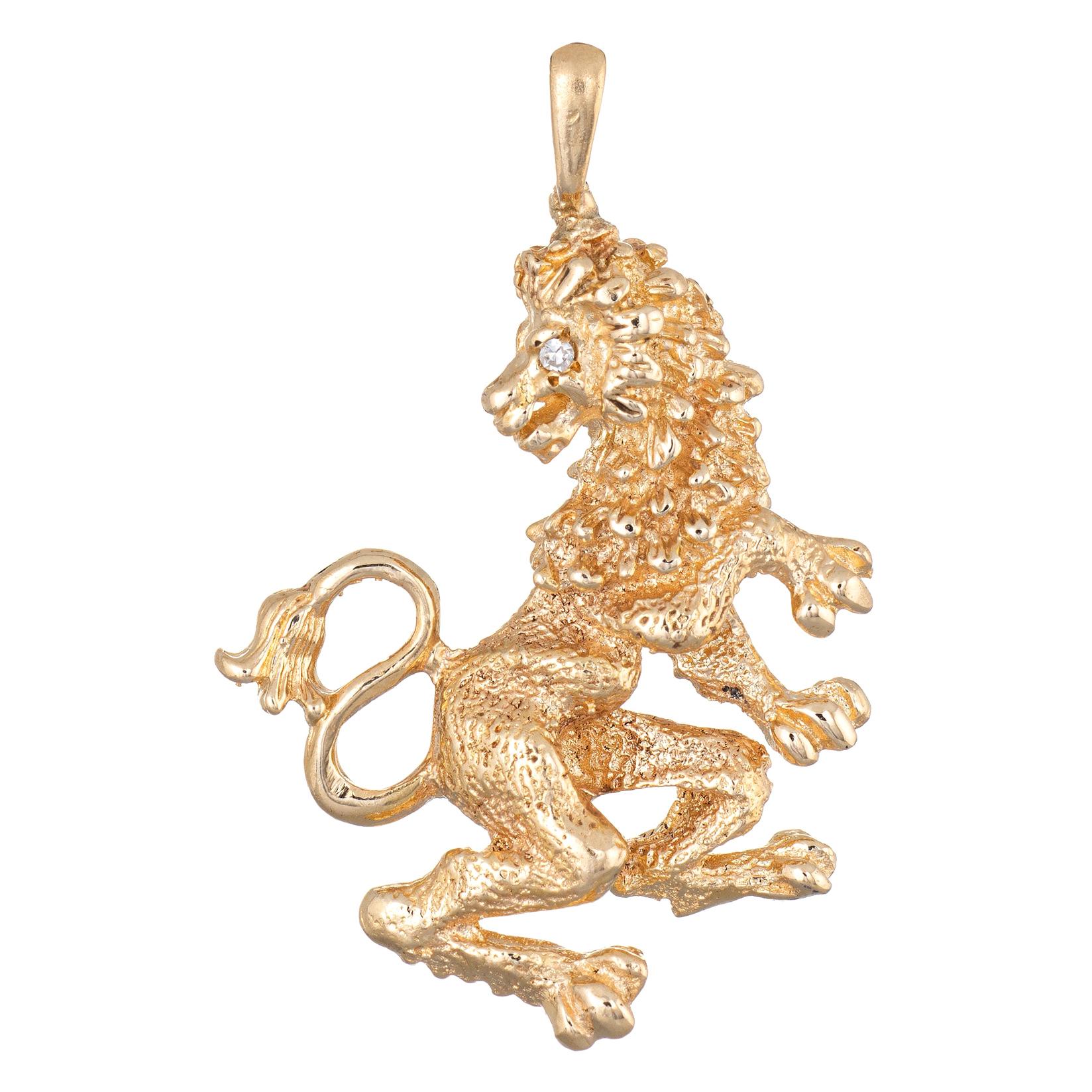 Vintage Lion Pendant 14 Karat Gold Diamond Eye Standing Turning Head Jewelry