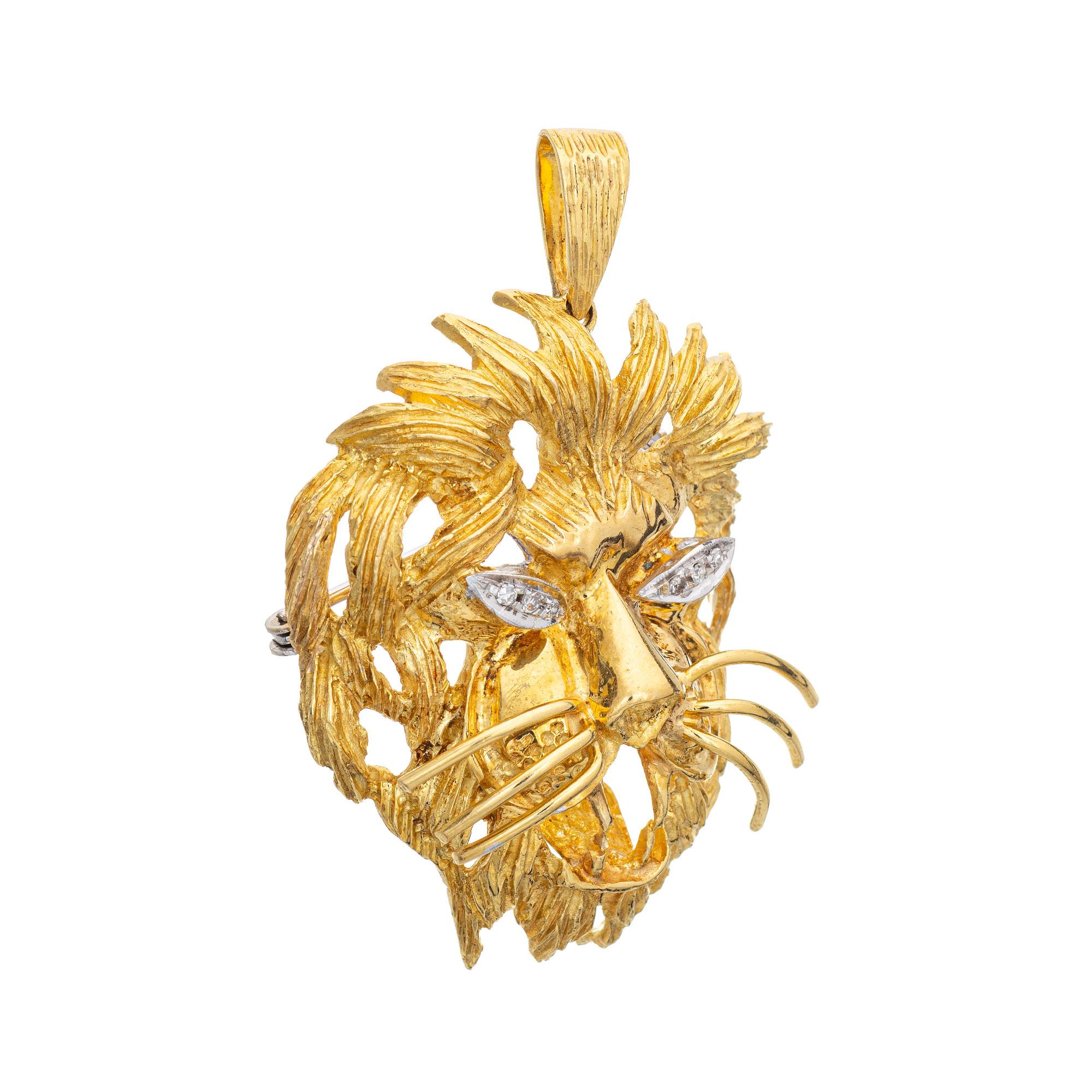 Finely detailed vintage Lion head pendant crafted in 18k yellow gold (circa 1970s to 1980s).  

Six single cut diamonds total an estimated 0.03 carats (estimated at G-H color and VS2-SI1 clarity).
The finely detailed Lion head features an open work