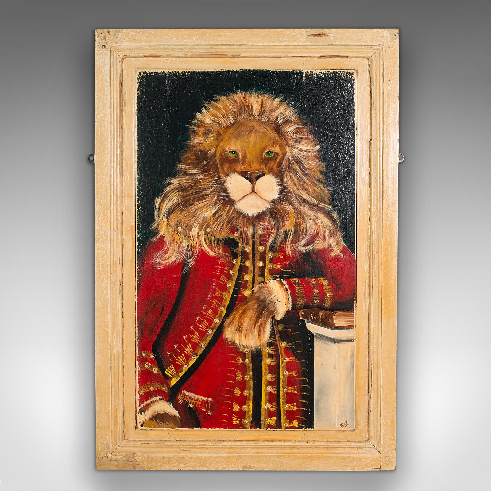 This is a vintage lion portrait. An English, oil painting on reclaimed Victorian pine, dating to the late 20th century, circa 1970.

Eye-catching and charming, ideal for collectors of anthropomorphism
Displays a desirable aged patina