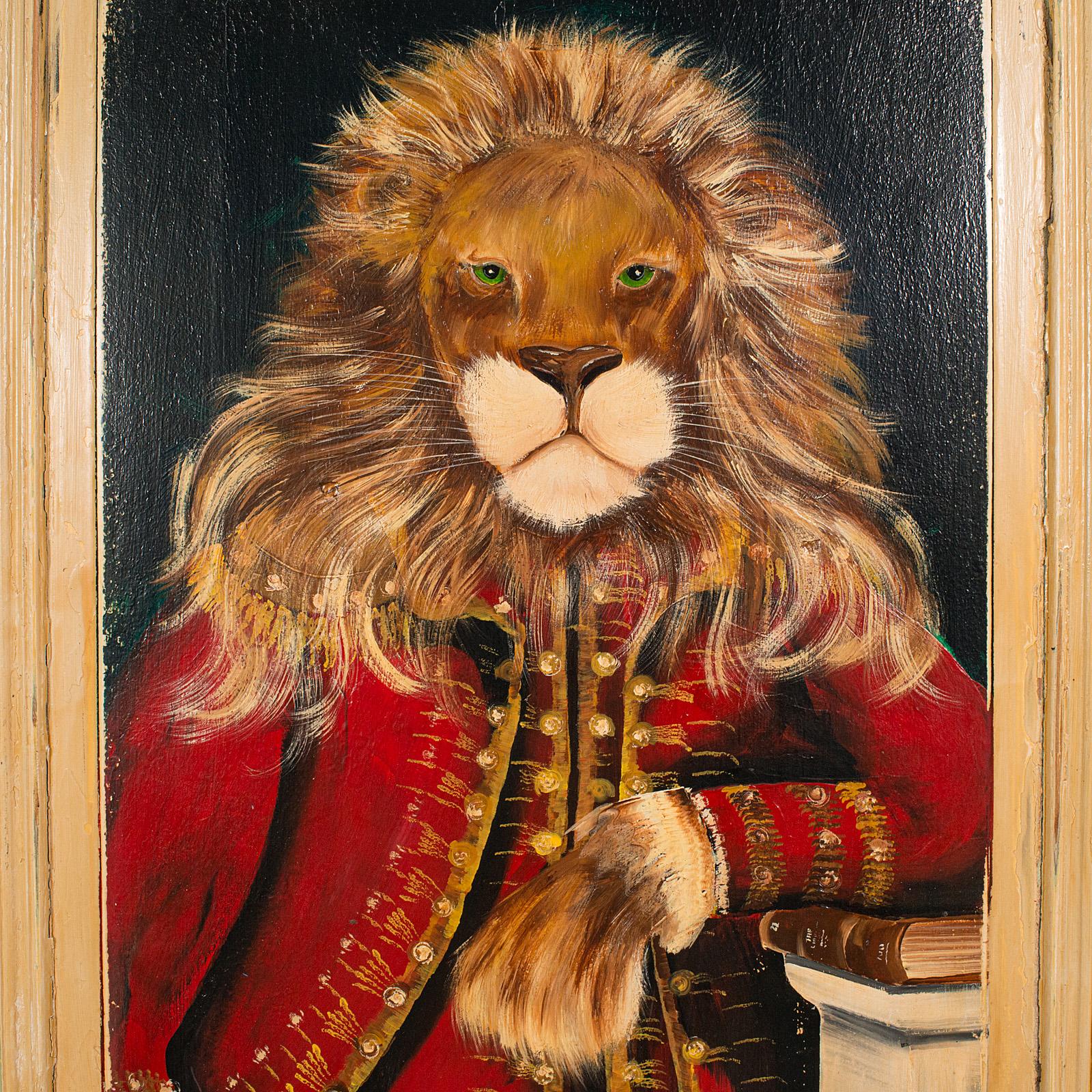 Portrait de lion vintage, peinture à l'huile anglaise, pin victorien, art anthropomorphe Bon état - En vente à Hele, Devon, GB