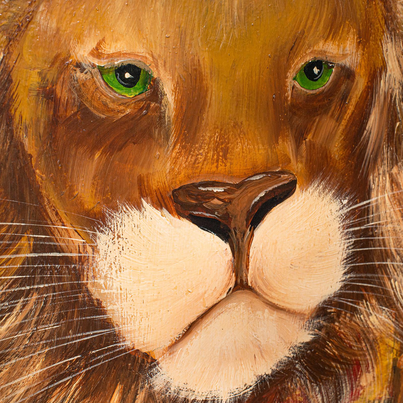 20ième siècle Portrait de lion vintage, peinture à l'huile anglaise, pin victorien, art anthropomorphe en vente