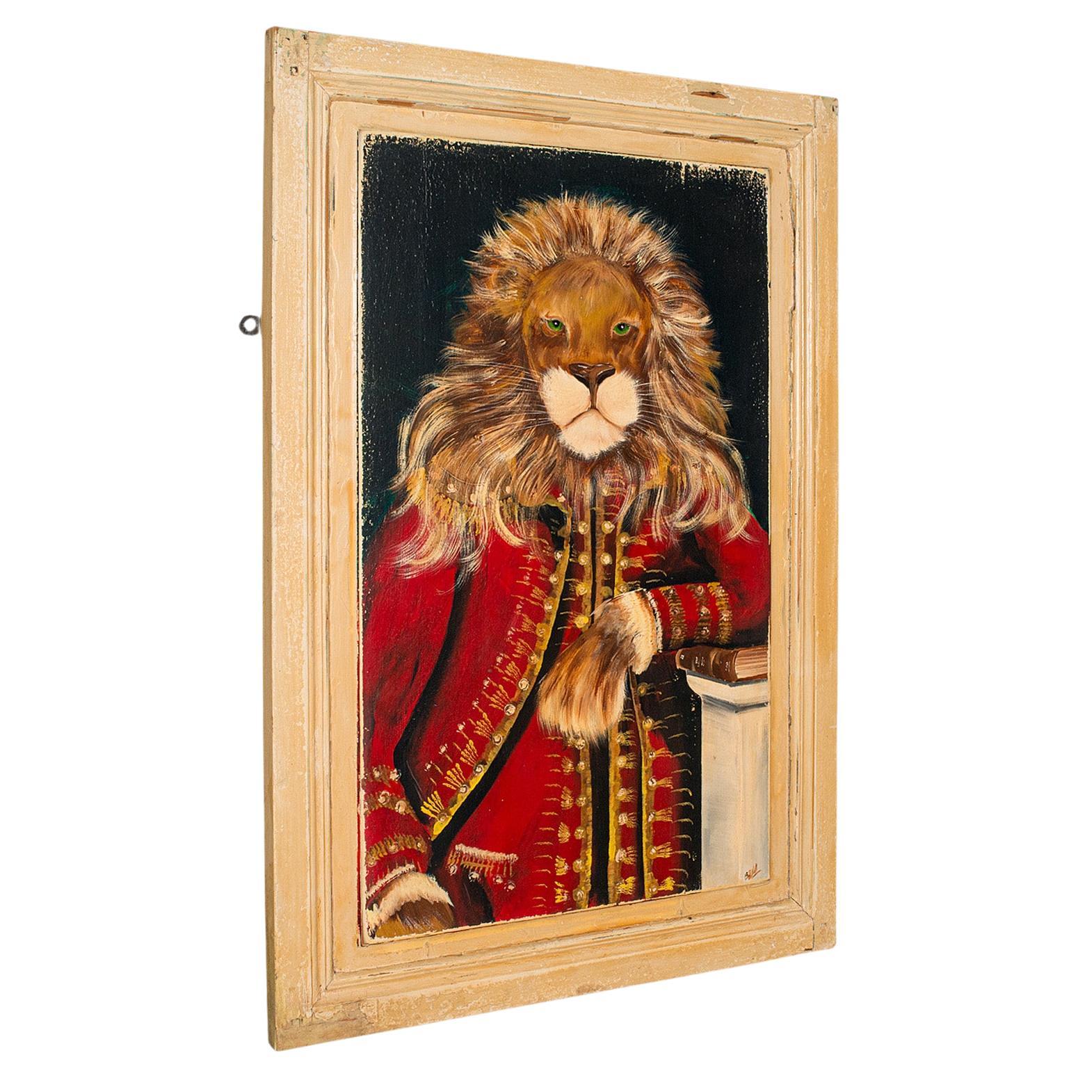 Vintage Lion Portrait, English Oil Painting, Victorian Pine, Anthropomorphic Art For Sale