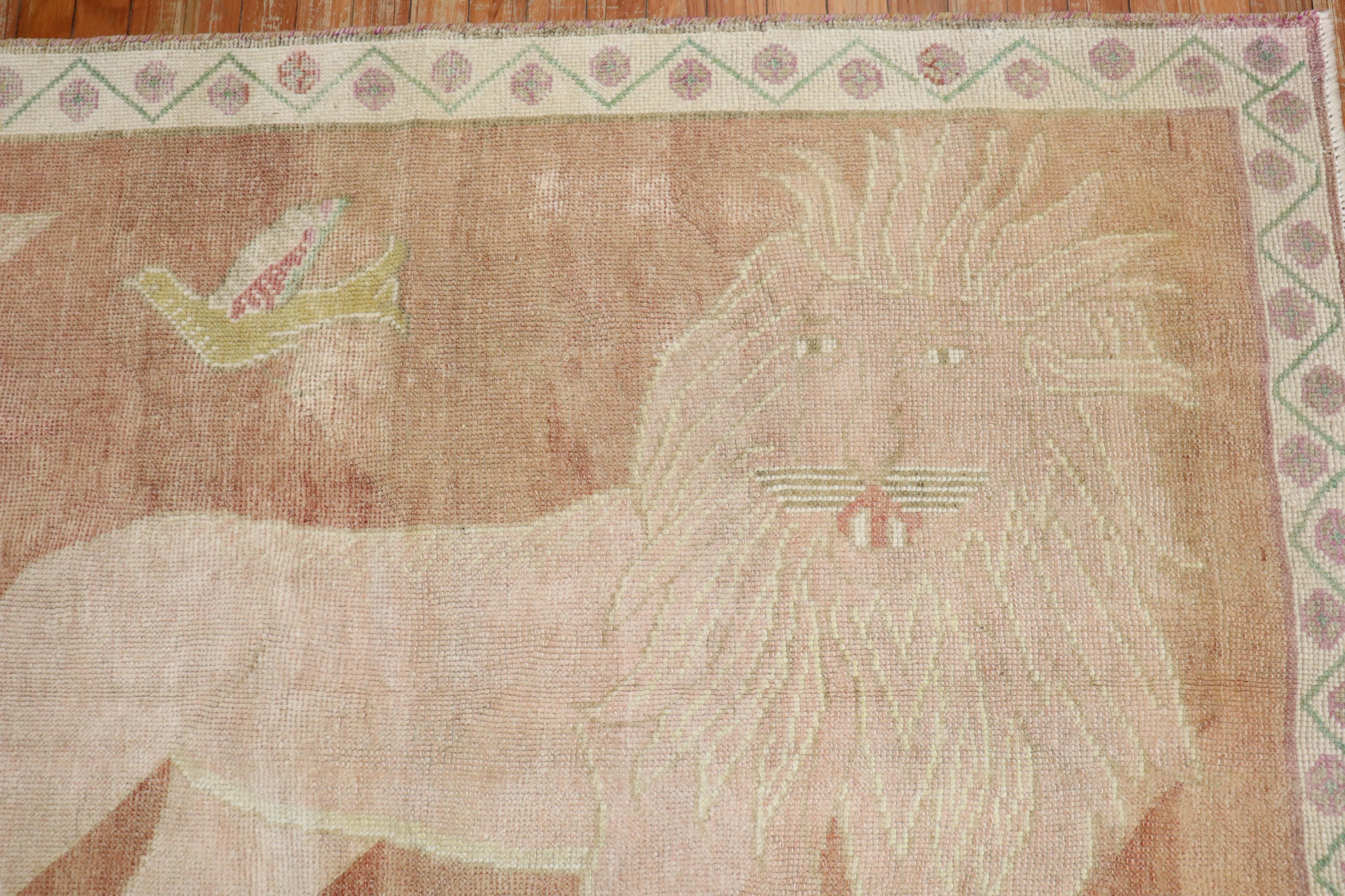 Hand-Woven Vintage Lion Turkish Rug