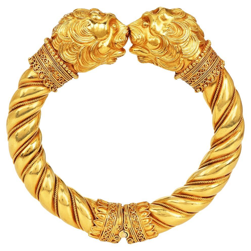Vintage Lion’s Head 22K Yellow Gold Cuff Bangle Bracelet