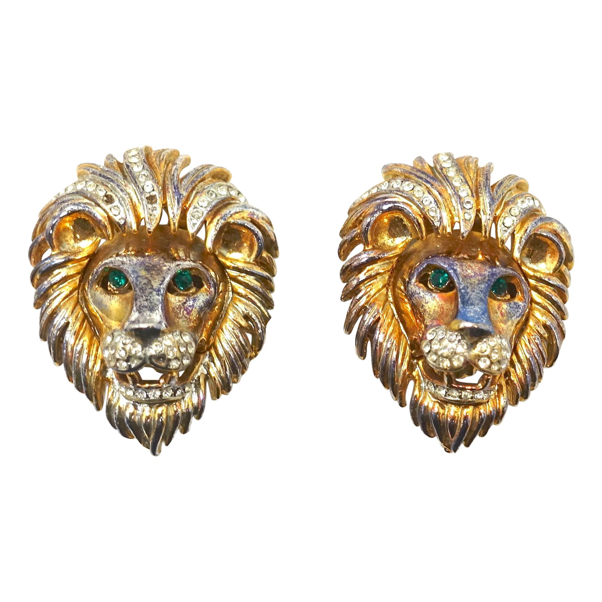 Vintage Lion’s Head Green & Clear Crystal Earrings For Sale