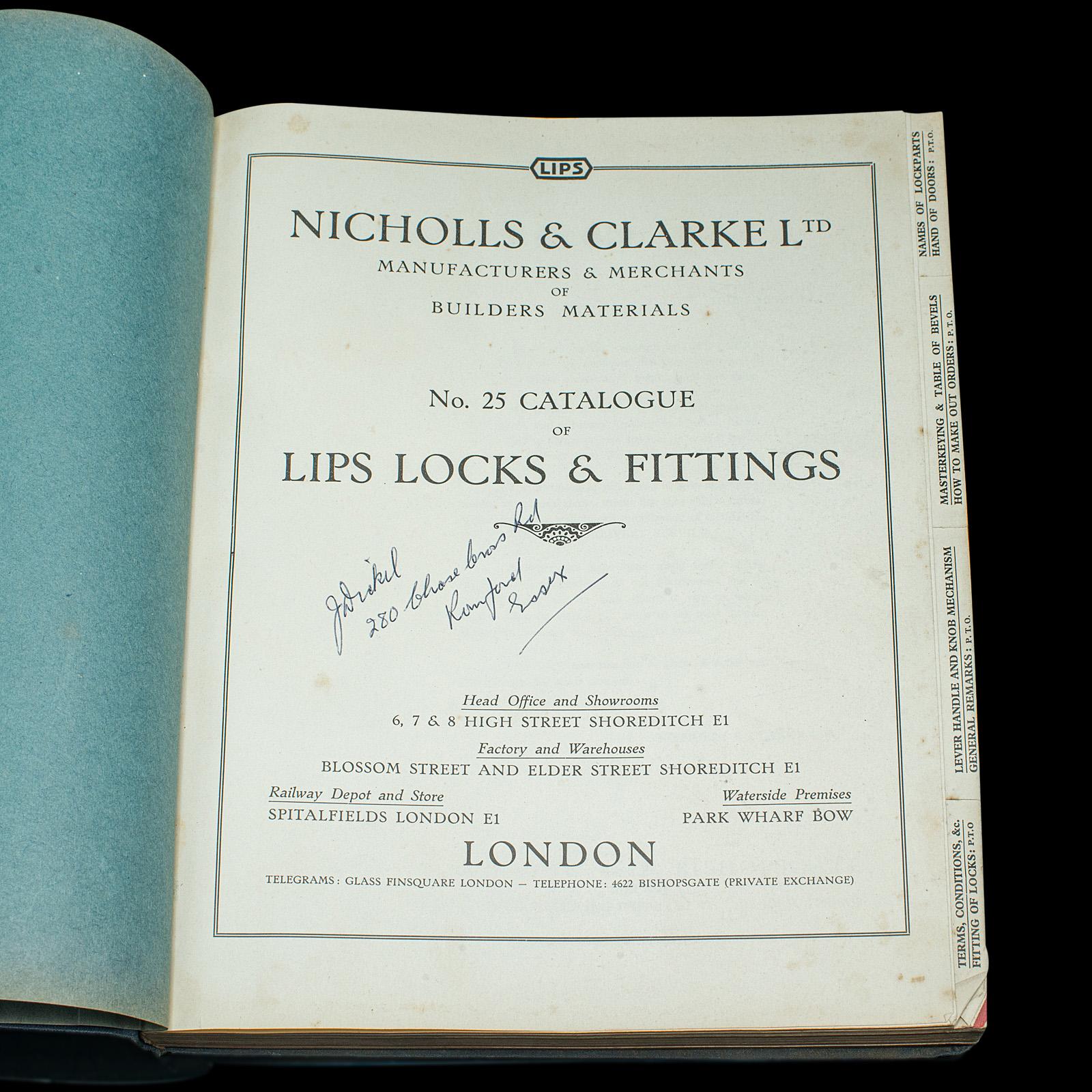Other Vintage Lips Locks Trade Catalogue, English, Folio, Nicholls and Clarke, C.1935 For Sale