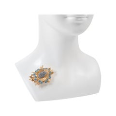 Vintage Lisner Gold Tone Brooch with Blue Crystals, Circa 1980s