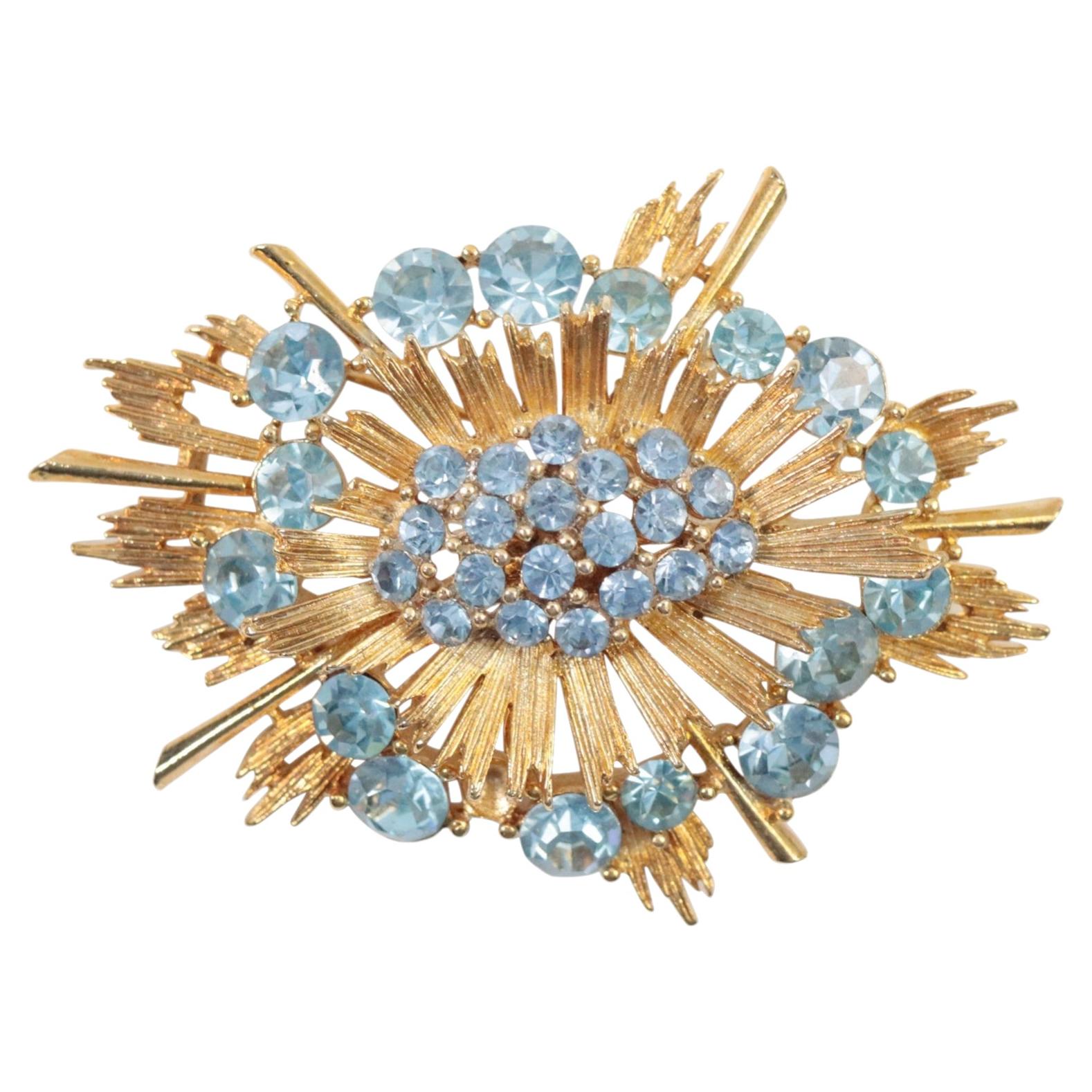 Vintage Lisner Gold Tone Brooch with Blue Crystals, Circa 1980s For Sale