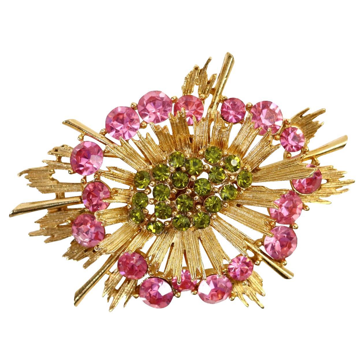 Vintage Lisner Gold with Green and Pink Crystals Brooch Circa 1980s For Sale