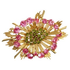 Vintage Lisner Gold with Green and Pink Crystals Brooch Circa 1980s