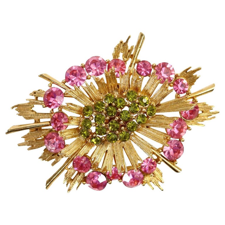 Vintage Lisner Gold with Green and Pink Crystals Brooch Circa 1980s For Sale