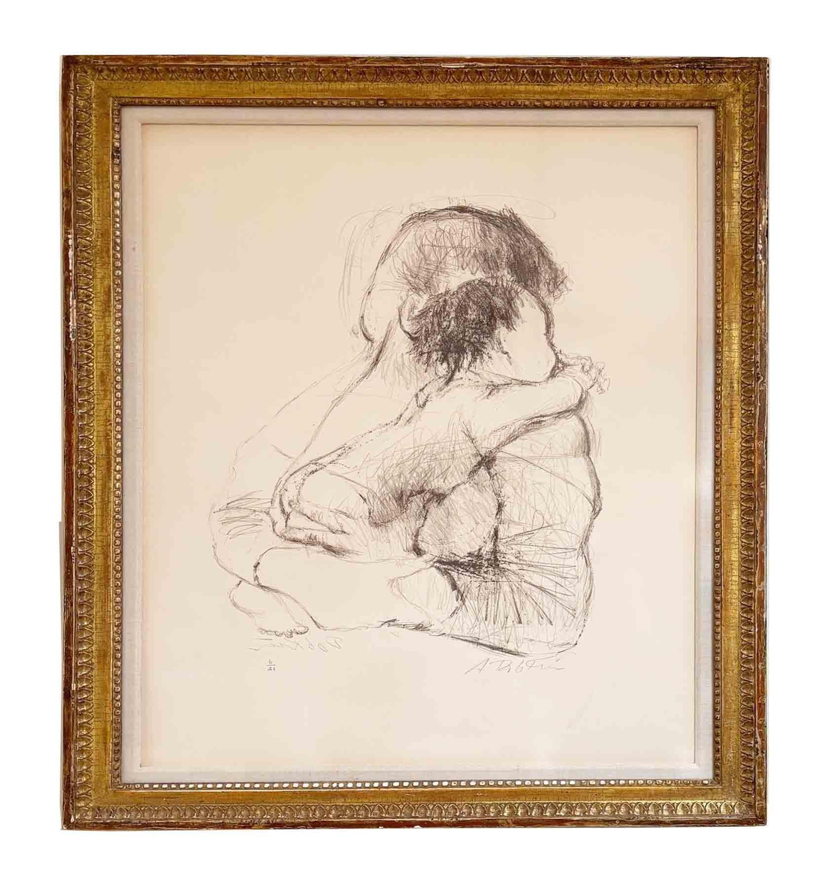 Vintage-Lithographie mit Mutter und Kind, signierter Druck von Alexander Dobkin, Vintage (Geschnitzt) im Angebot
