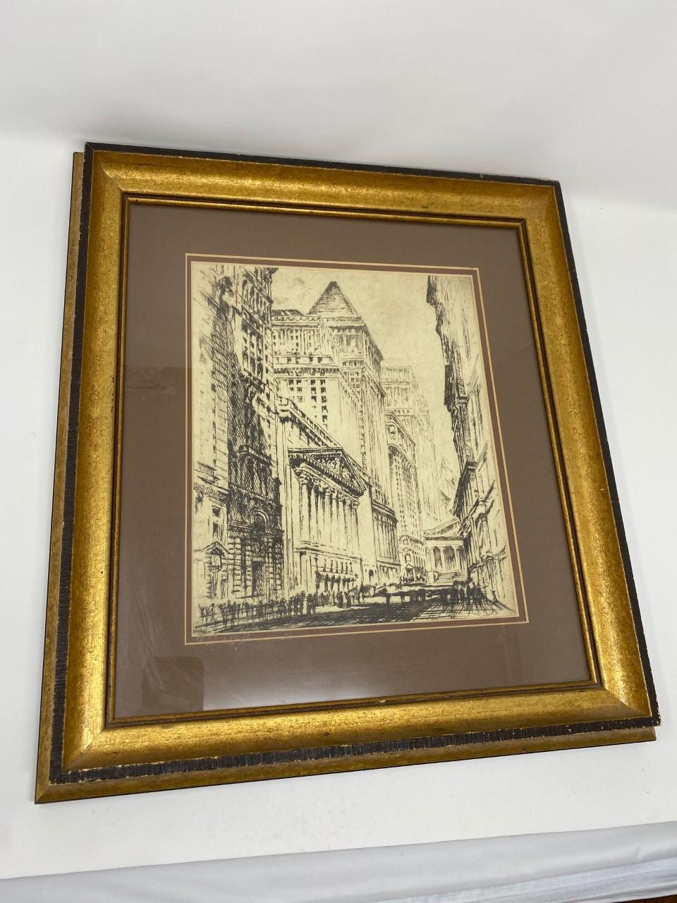 Schöne gerahmte Vintage-Lithografie der New Yorker Börse.  Dieses Stück ist stimmungsvoll und schön.  Dieser Teil wurde ursprünglich von der Börse für Einheiten und Unternehmen bereitgestellt, die als Mitglieder beitraten.  Eine entsprechende