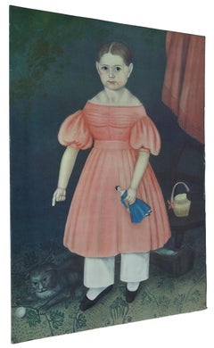 Vintage Lithograph Portrait Print Victorian Folk Art Girl Pink Dress Cat & Doll