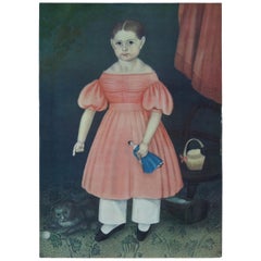 Vintage Lithograph Portrait Print Victorian Folk Art Girl Pink Dress Cat & Doll 