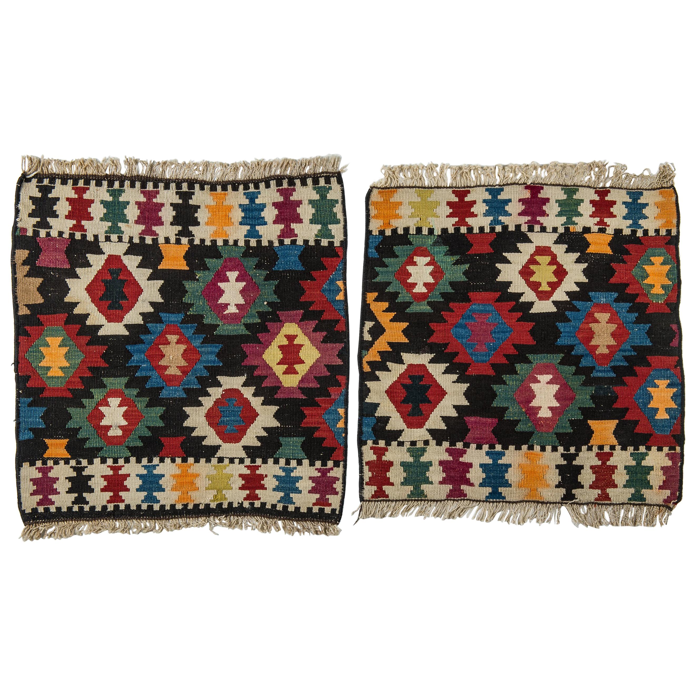  Rare Little Pair Kilims Azeri or Shahsavan for Stools or Special Pillows