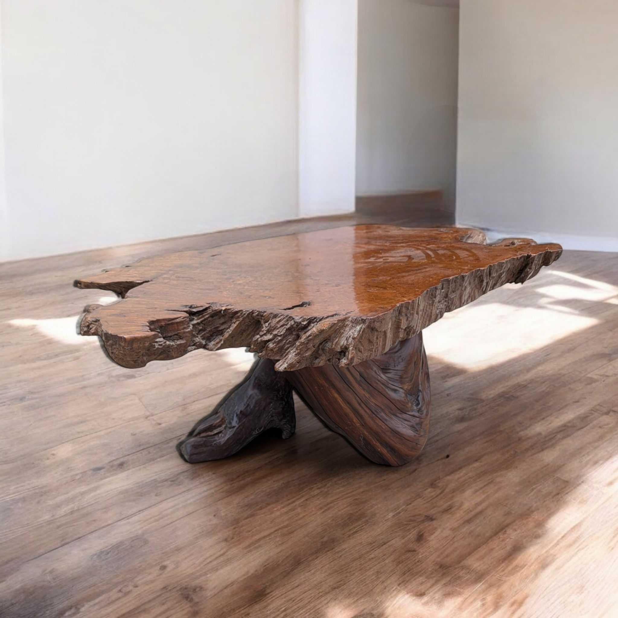 Mesa de centro vintage de madera de burl con base escultural de raíz, c. 1970 en venta 3
