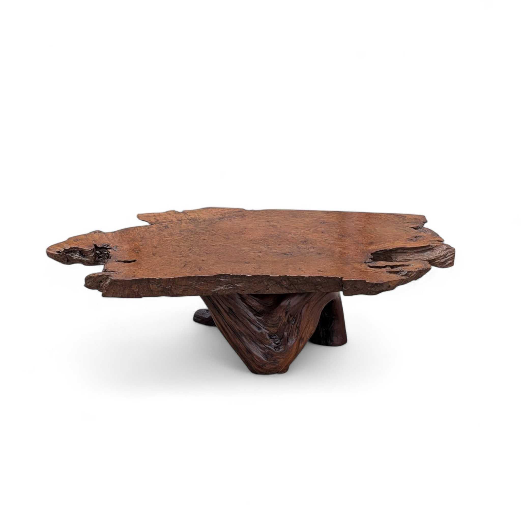 Mesa de centro vintage de madera de burl con base escultural de raíz, c. 1970 Desconocido en venta