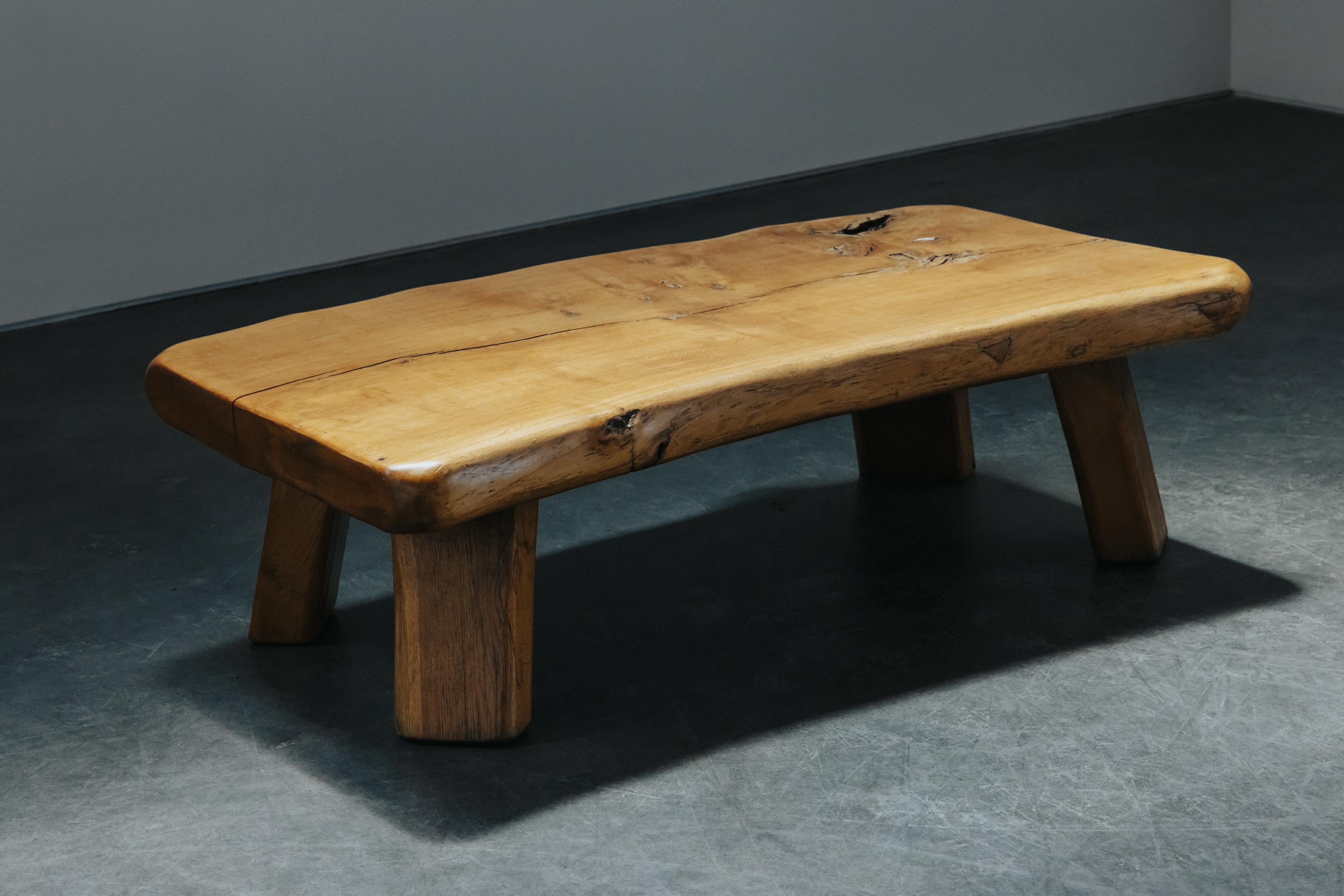 Vintage Live Edge Coffee Table From France, Circa 1960.  Solid elm construction with one slab top.  Nice light wear and patina.