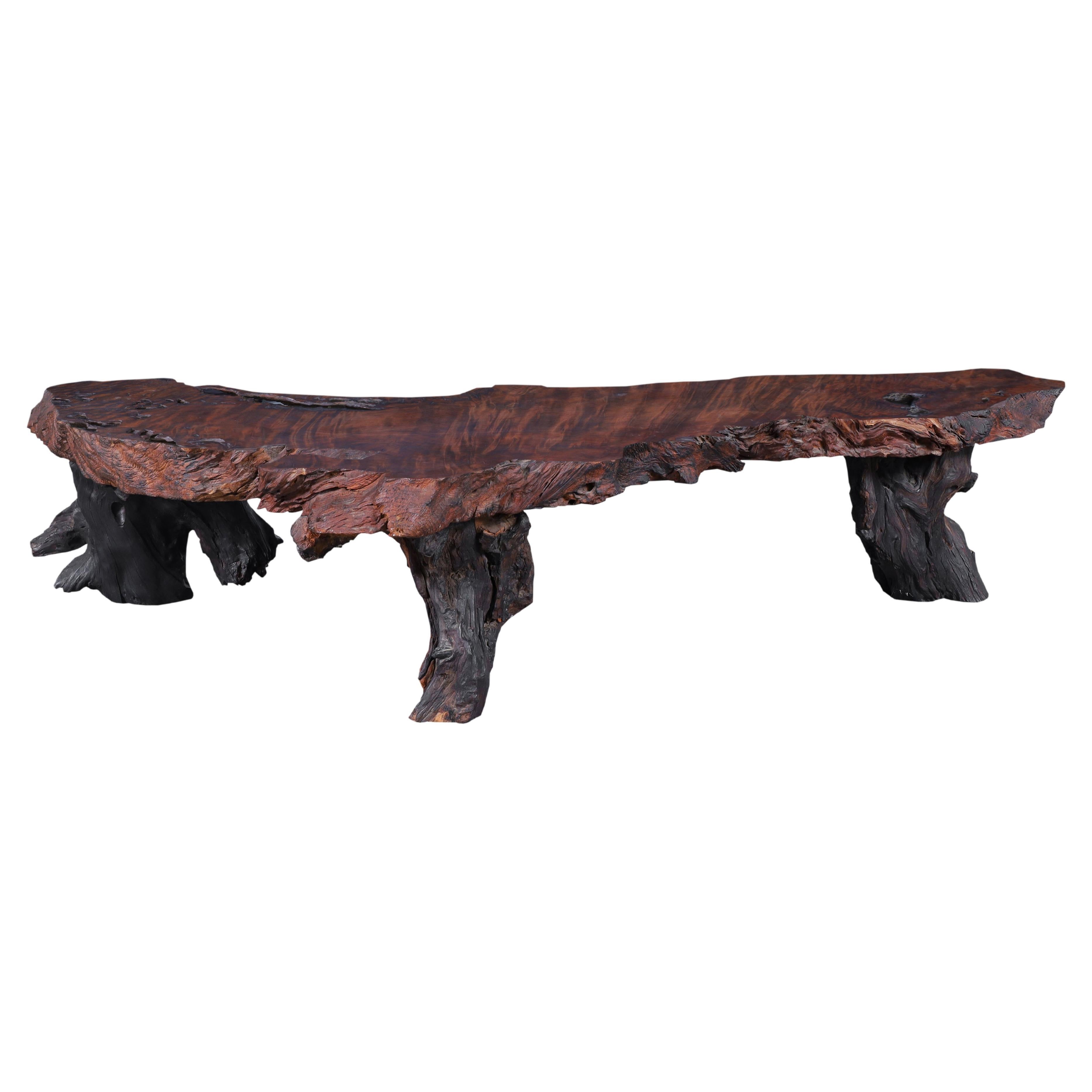 Large Live Edge Redwood Slab Coffee Table on Hairpin Legs, 1970s at