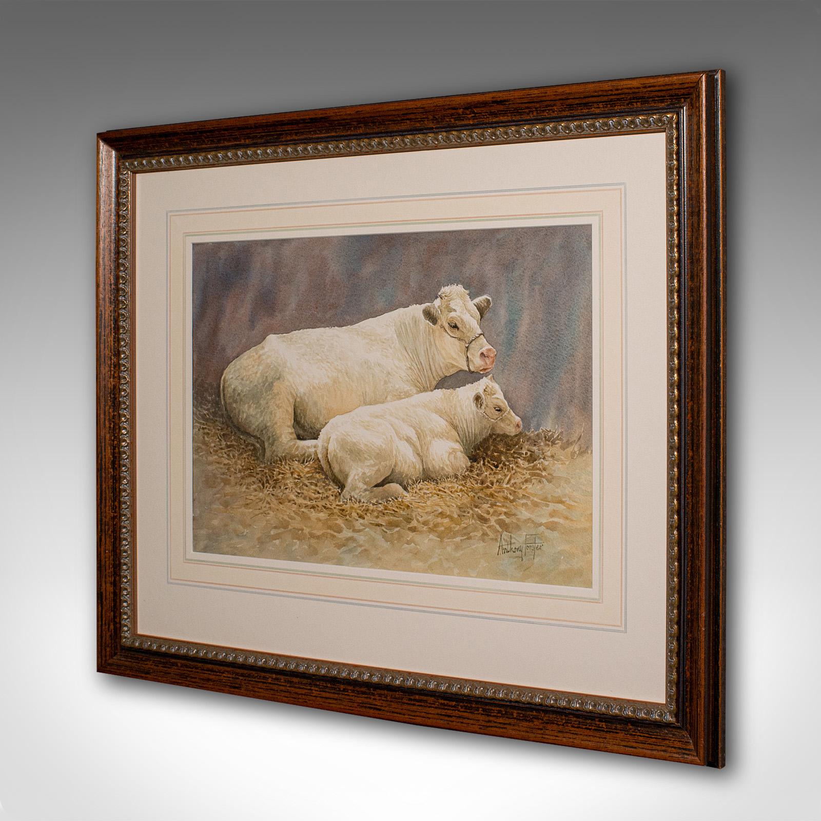 Vintage-Aquarell auf Vieh, Englisch, Kunst, Tiermalerei, Bauernhof, Bild (Moderne) im Angebot