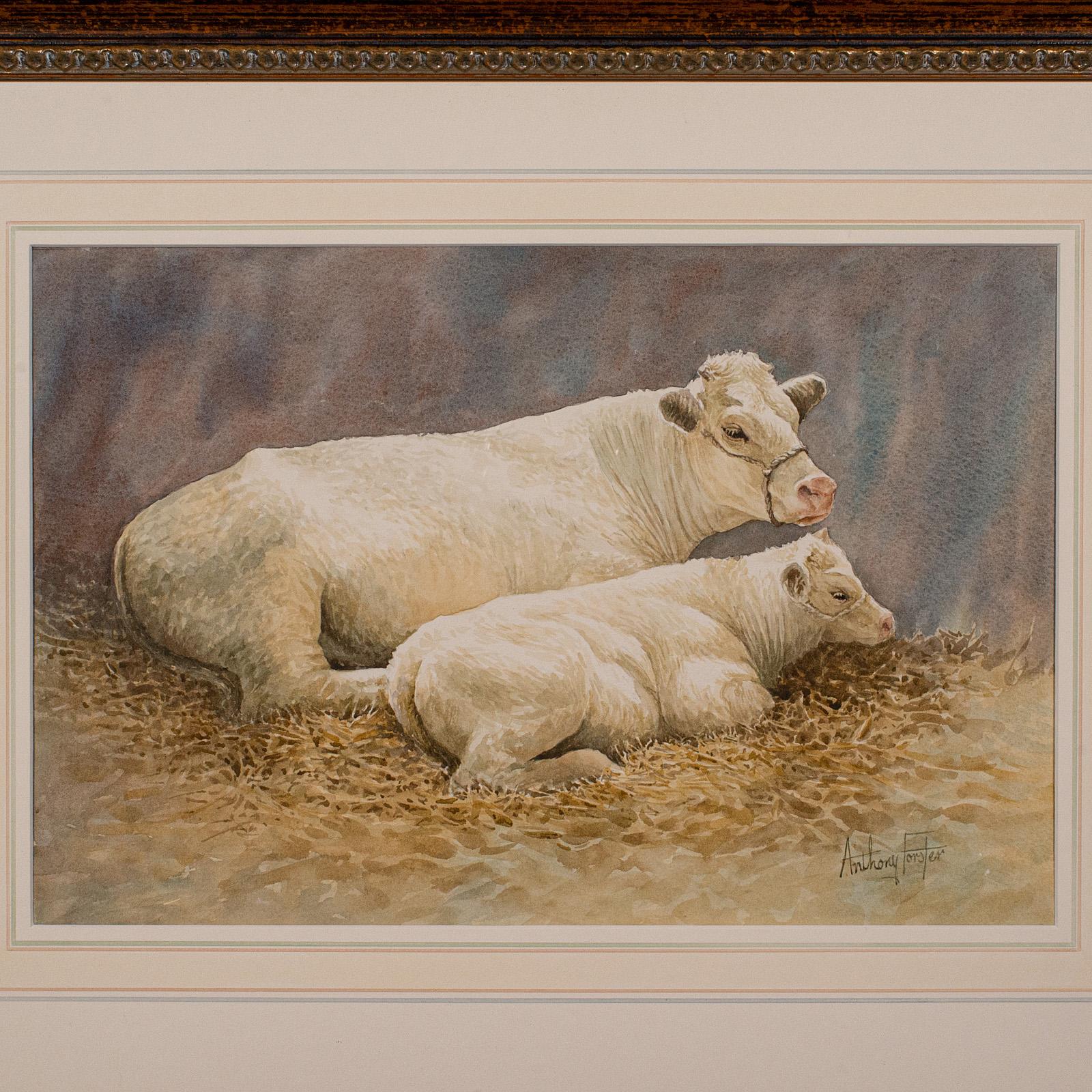 Vintage-Aquarell auf Vieh, Englisch, Kunst, Tiermalerei, Bauernhof, Bild (Britisch) im Angebot