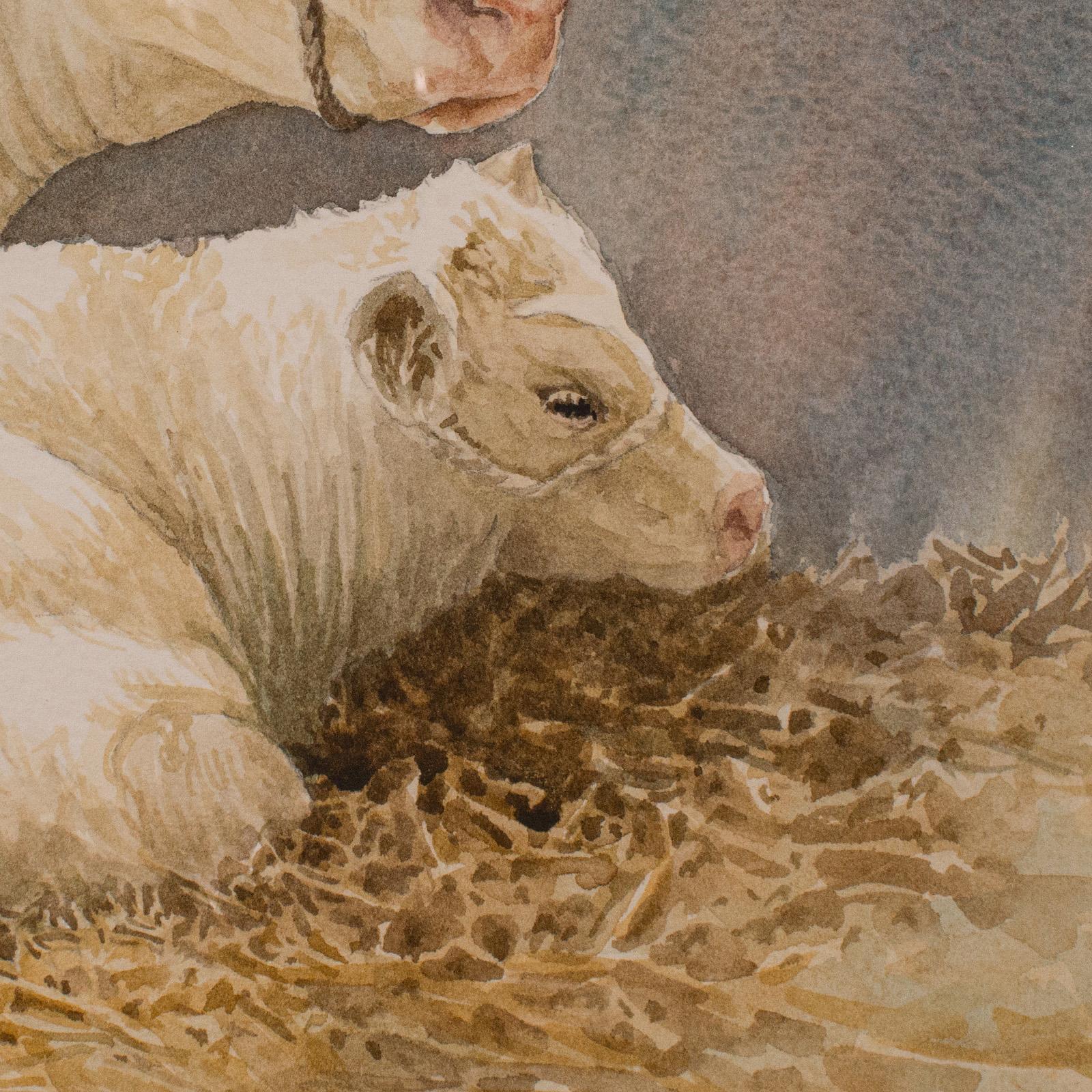 Vintage-Aquarell auf Vieh, Englisch, Kunst, Tiermalerei, Bauernhof, Bild (Ende des 20. Jahrhunderts) im Angebot